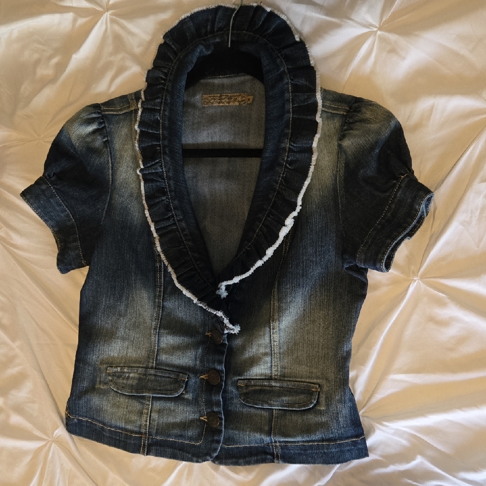Vintage Denim Ruffle-Trim Short Sleeve Jean Jacket - Dark Blue